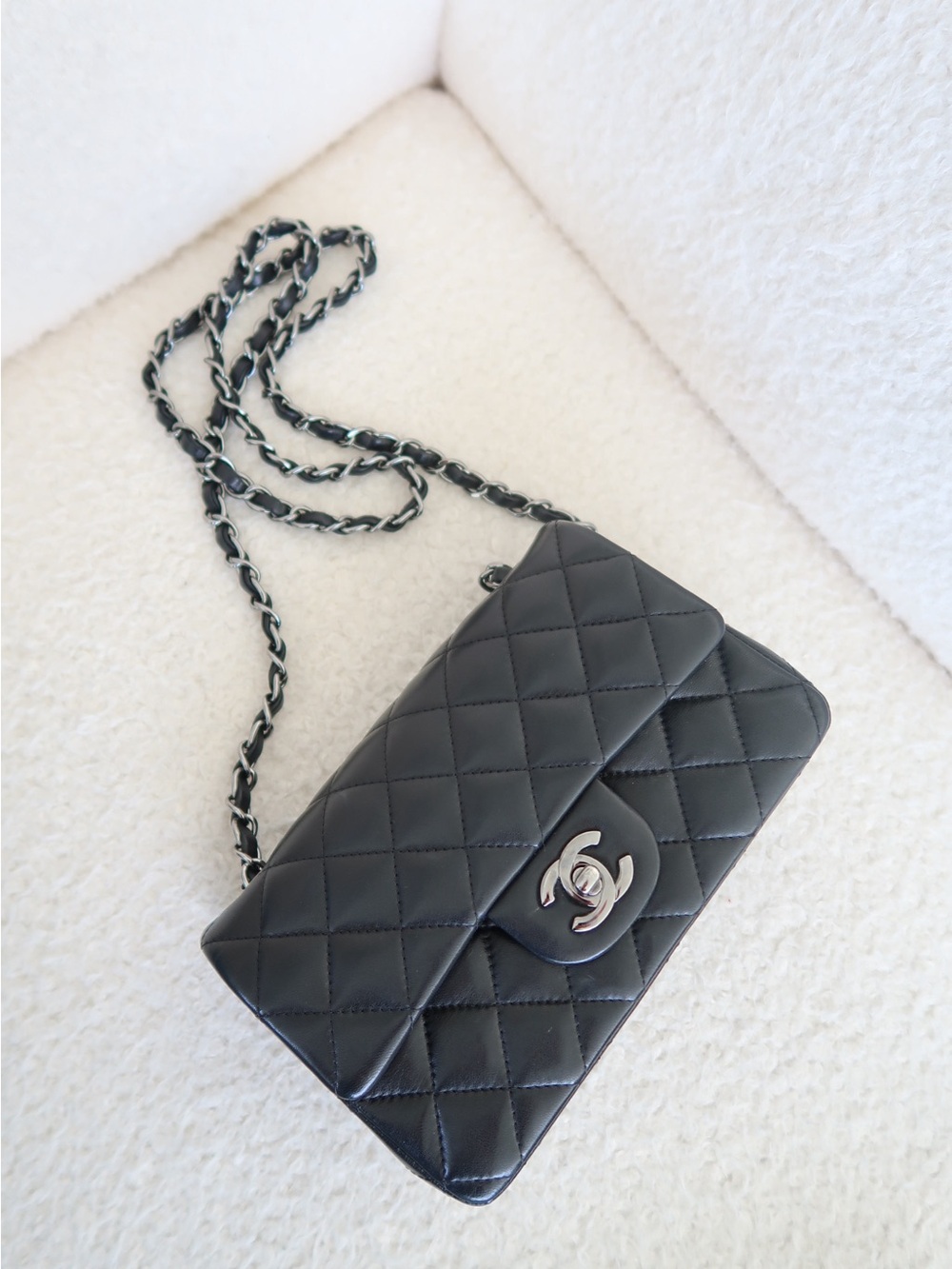 CHANEL Black Quilted Lambskin Crossbody Bag with Silver Hardware